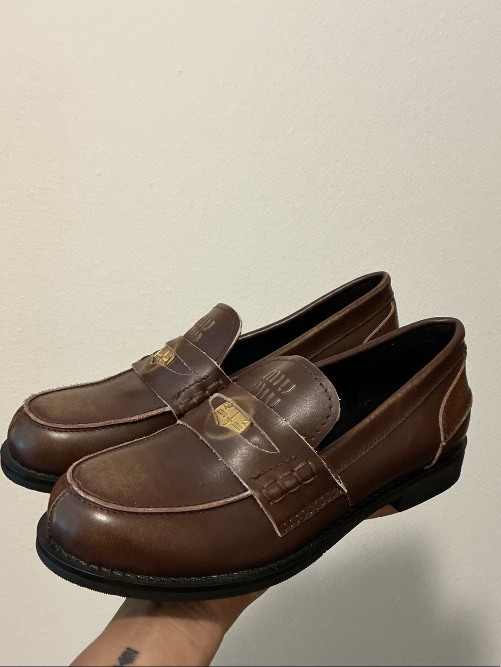 Miu Miu Brown Leather Loafers with Gold Accent